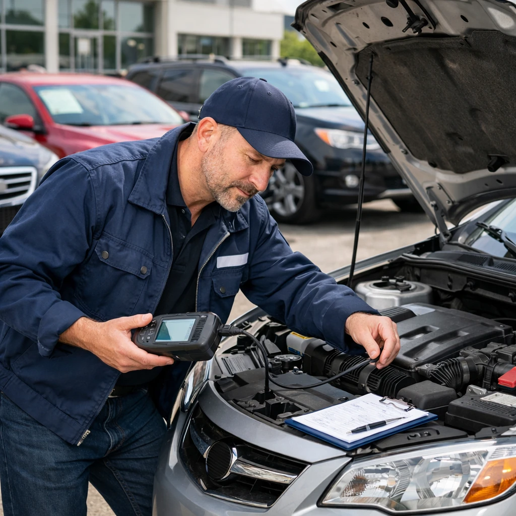 کارشناس خودرو در حال بررسی فنی موتور و سیستم‌های اصلی خودرو پیش از انجام معامله
